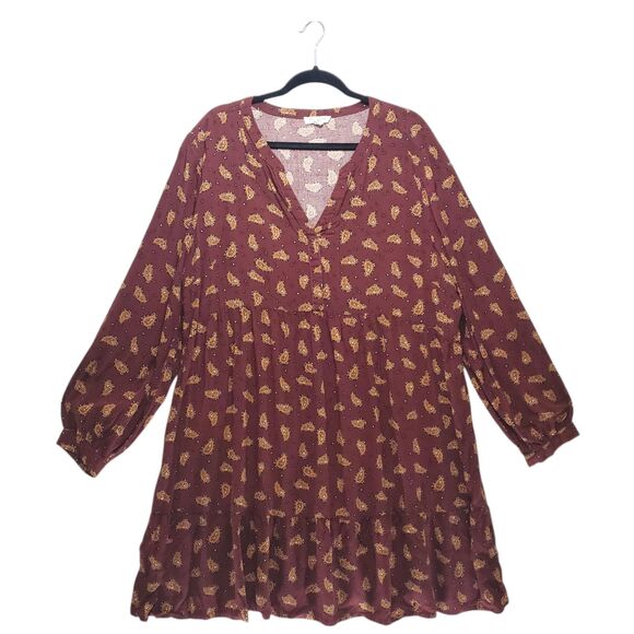 beachlunchlounge Dresses & Skirts - XXL Beachlunchlounge Paisley Alessi Babydoll Dress Tiered Knee Length Maroon